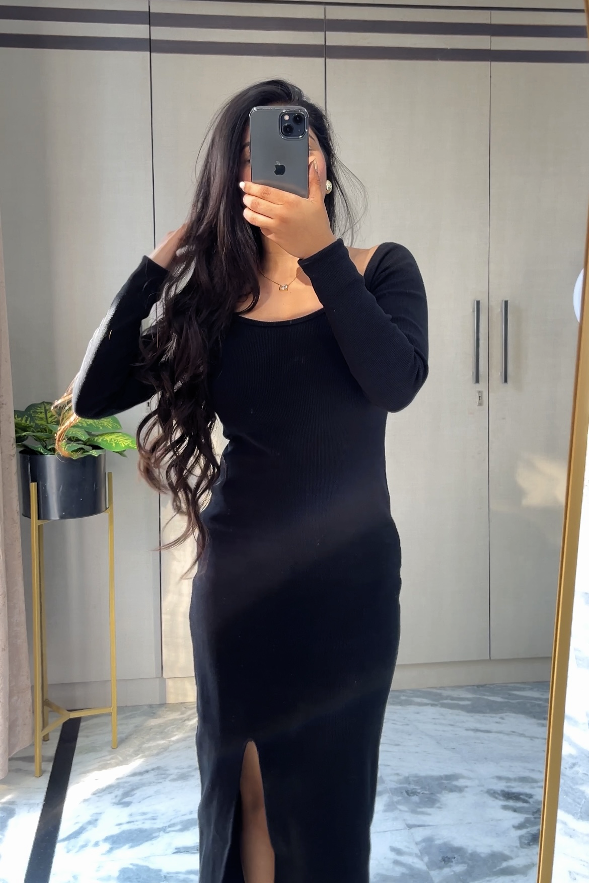 Black Rib-Knit Slit Dress